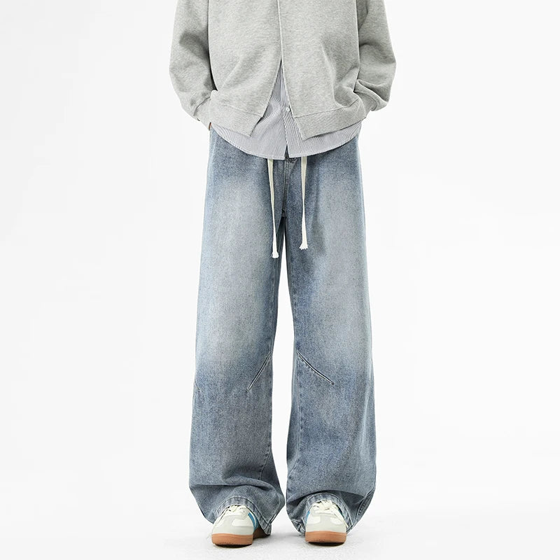 2025 Hip-hop Baggy Denim season elastic waist New Korean Men's Jeans American Loose Fit Wide-leg Straight Casual Trousers Street