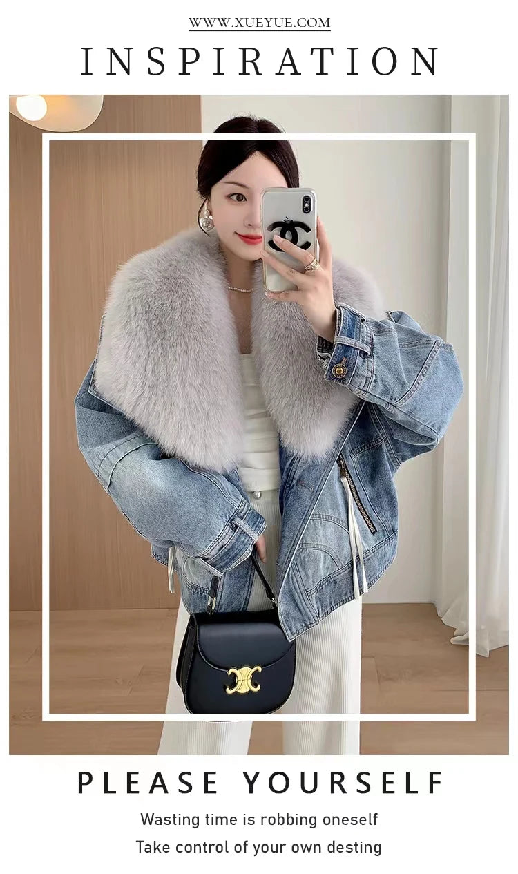 Womens Coats Spring New 100%Natural Real Fox Fur Collar Fashion Short Denim Jacket Luxury Goose Down Puffer Jackets Clothing