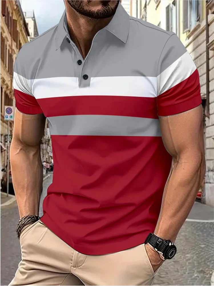 Men's Casual Polo Shirt Fashion Stitching Line Design Slight Stretch Comfortable Fabric Plus Size Men's Lapel Short Sleeves Top