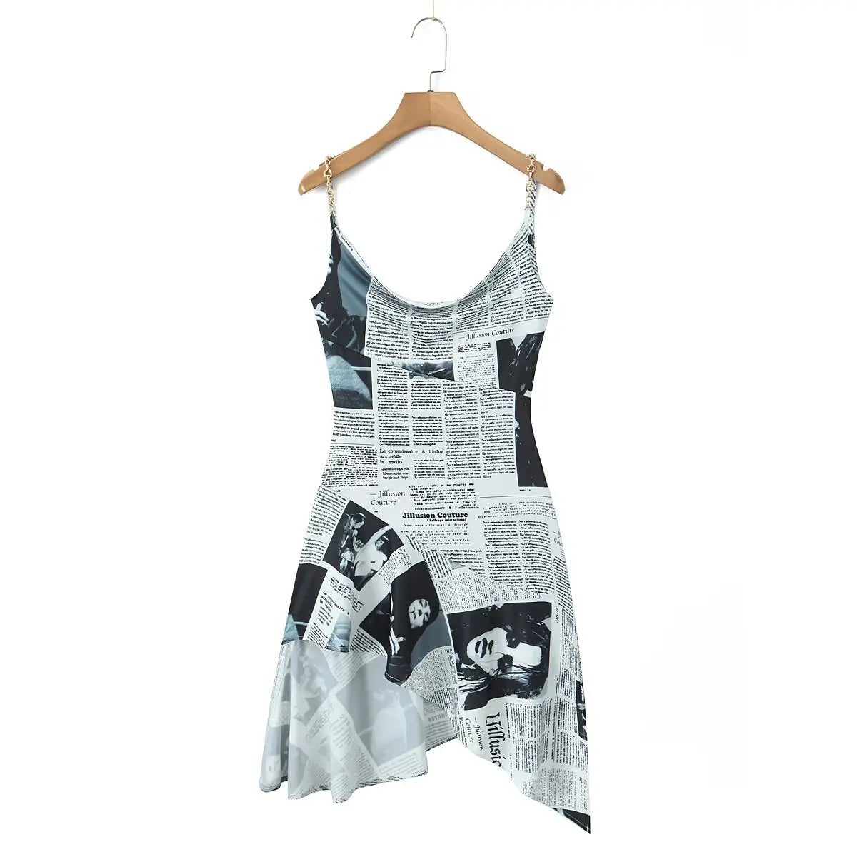 YENKYE New Women Newspaper Letter Print Irregular Hem Sling Dresses Fashion Backless Thin Straps With Chain Summer Sexy Dress