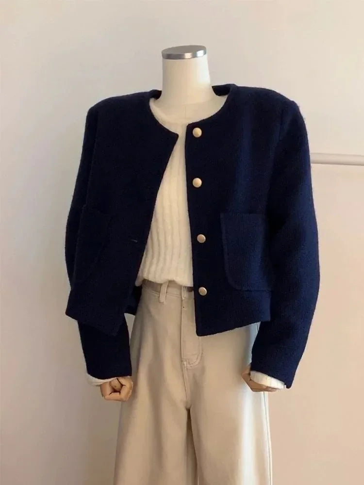 Vintage Style Purplish Blue Tweed Jacket Round Neck French Elegance Commuting Spring Autumn Trendy Fashion Outerwear