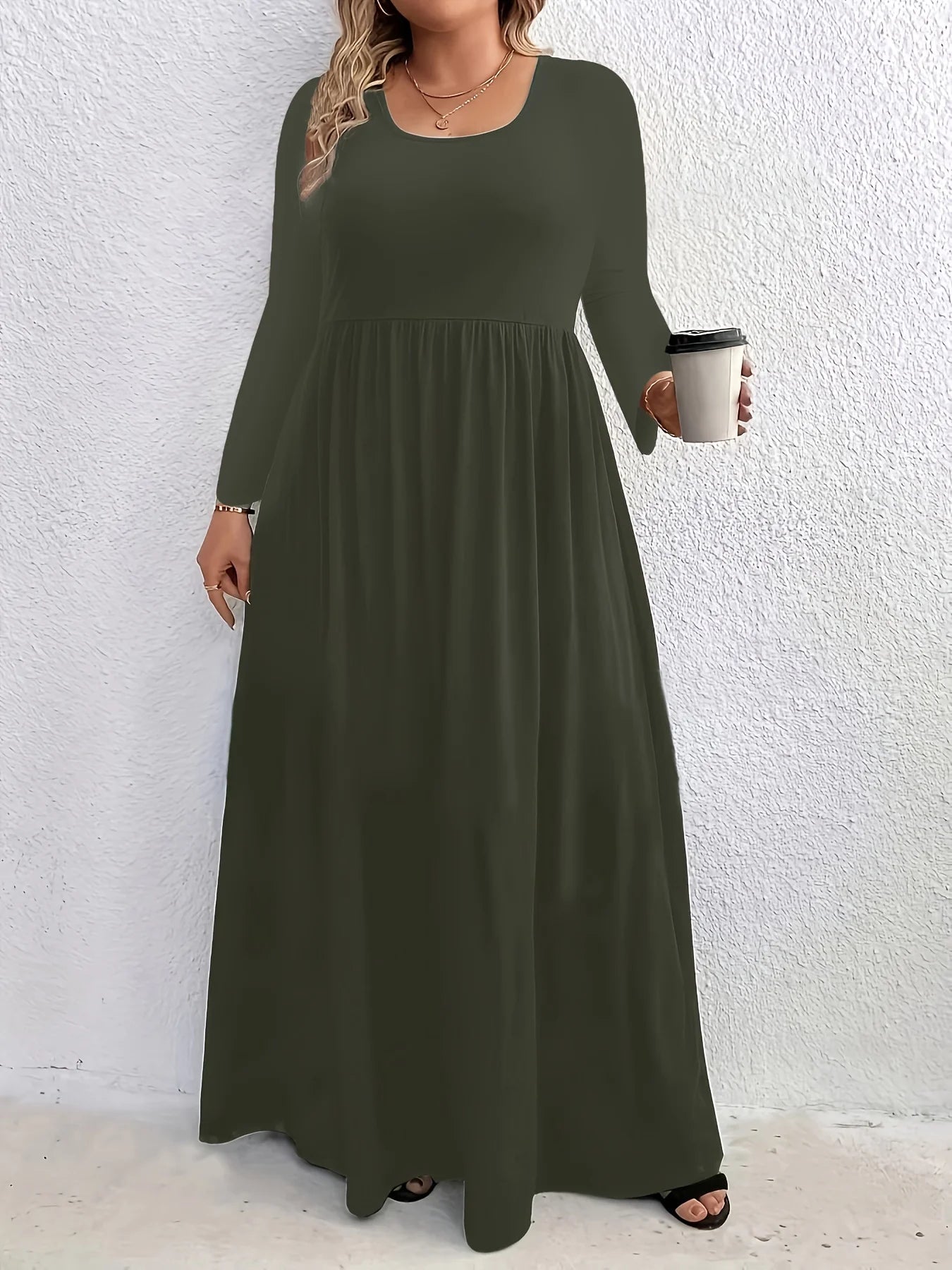 Plus Size  Europe and the United States  Fall and Winter Fashion Casual Solid Color Crew Neck Long Sleeve Dress