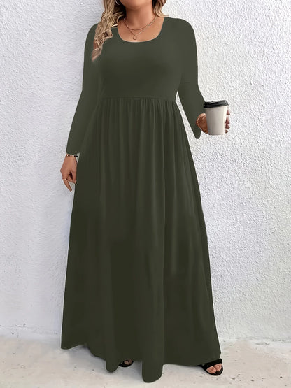 Plus Size  Europe and the United States  Fall and Winter Fashion Casual Solid Color Crew Neck Long Sleeve Dress