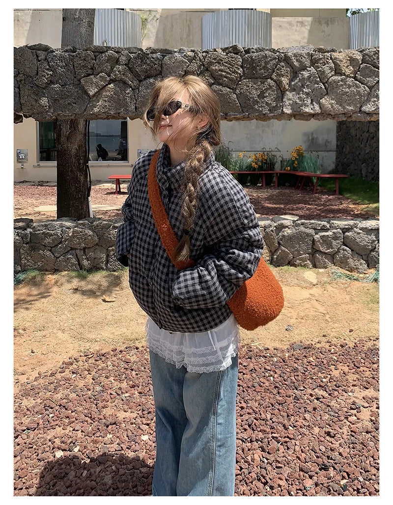 MEXZT Short Plaid Parkas Women Streetwear Stand Collar Puffer Jacket Winter Korean Down Coats Fashion Cotton Padded Outerwears