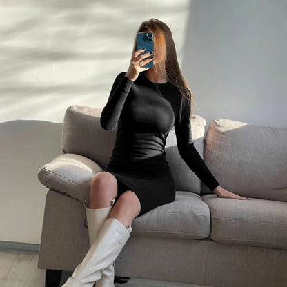 Autumn Winter New Dresses Women Fashion Casual Slim O-Neck Long Sleeves Elegant Dress Sexy Black Female Club Party Maxi Dresses