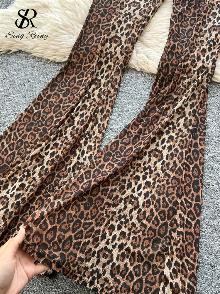 SINGREINY 2025 & 2026 Newest Leopard 2pcs Suits Women Sexy Strap Tops+Elastic Waist Flared Pants American Ins Fashion Hotsweet Sets
