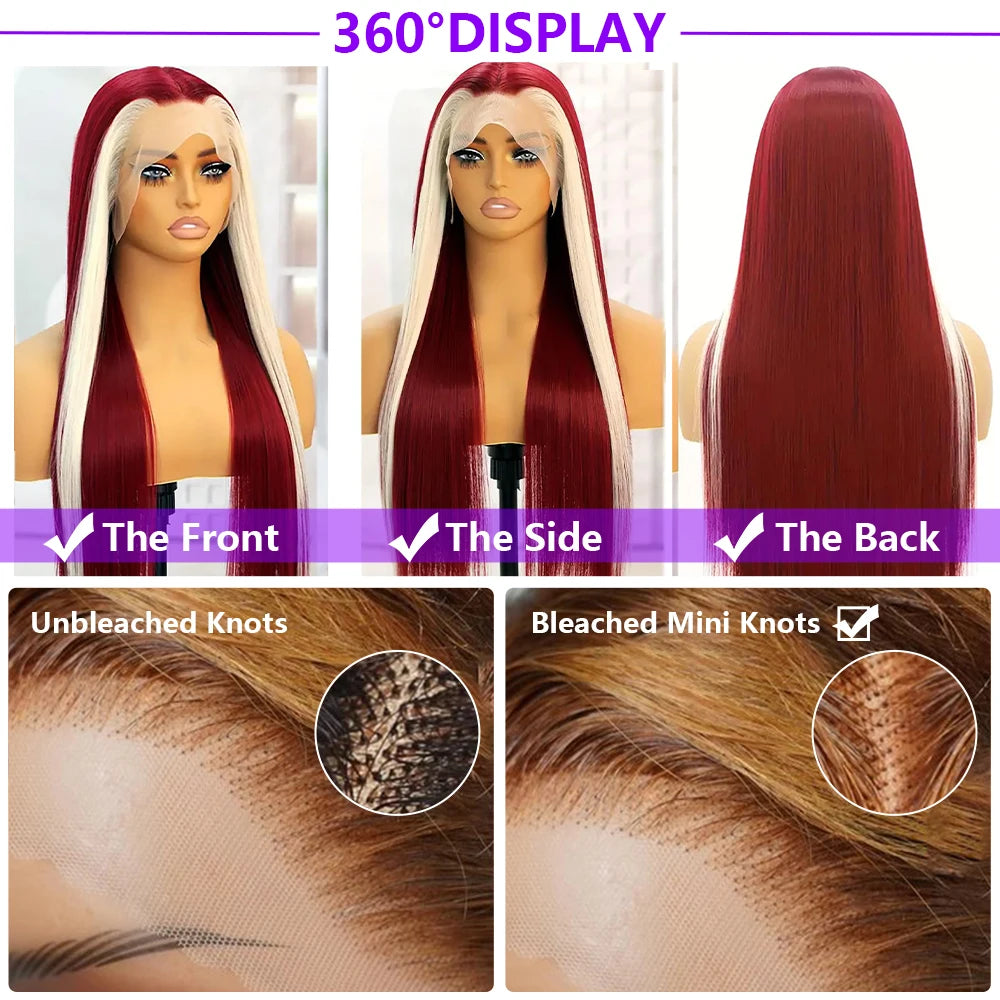 Ombre Highlight Blonde With Red Colored 13x4 Lace Front Wigs Human Hair Brazilian 30 Inch Bone Straight Human Hair Wig For Women