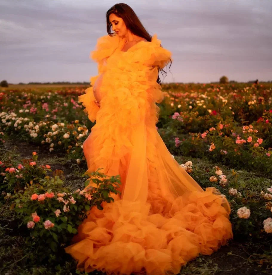 Tulle Ruffle Boudoir Pregnancy Photoshoot Robe Ruffle Maternity cloak For Baby Shower Gender Reveal bridal Dress wedding