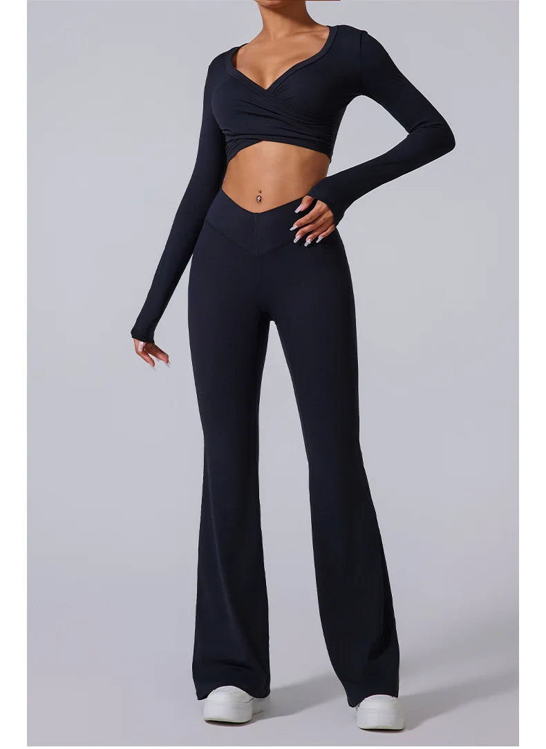 2 Pieces Wrap Front Gym Fitness Suit Women Long Sleeve Legging Workout Yoga Set Sports Bra Short Sports Clothes Tracksuit Female