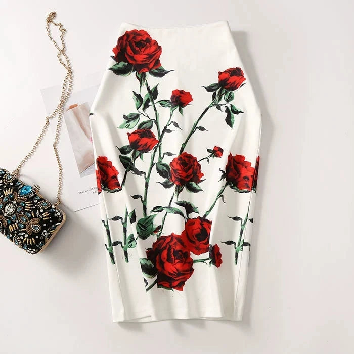 Women Vintage Flower Print Bodycon Skirt Slim Midi Sexy Elegant Pencil Skirt Bag Hip Bandage Skirt Hip Wrap Lolita Short Skirt