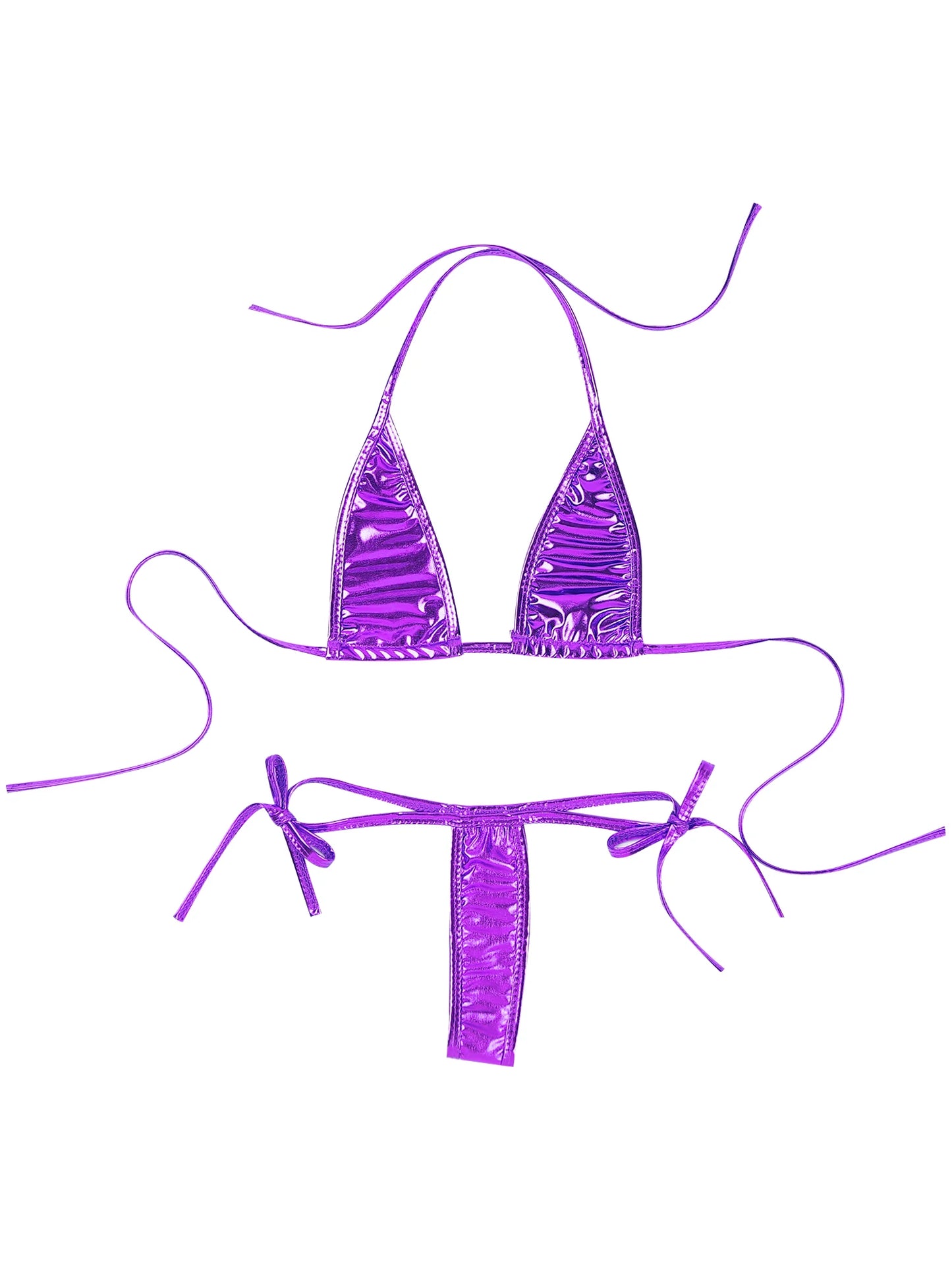 Womens Brazilian Micro Bikini Swimsuit Biquini Set Lacing Non-Padded Triangle Cup Bra Top with G-String Metallic Shiny Swimwear