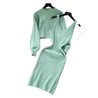 Autumn Winter Slimming Knitted Sweater Dress Set Women's Mid-Length Base Layer Knee-Over Bottoming Dresses Fashionable