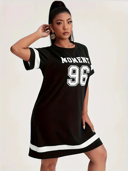 Plus Size Summer 2025 Women's Graphic Print Mini Dress Casual Sports Style with Drop Short Sleeves Black White Stripe Clothes