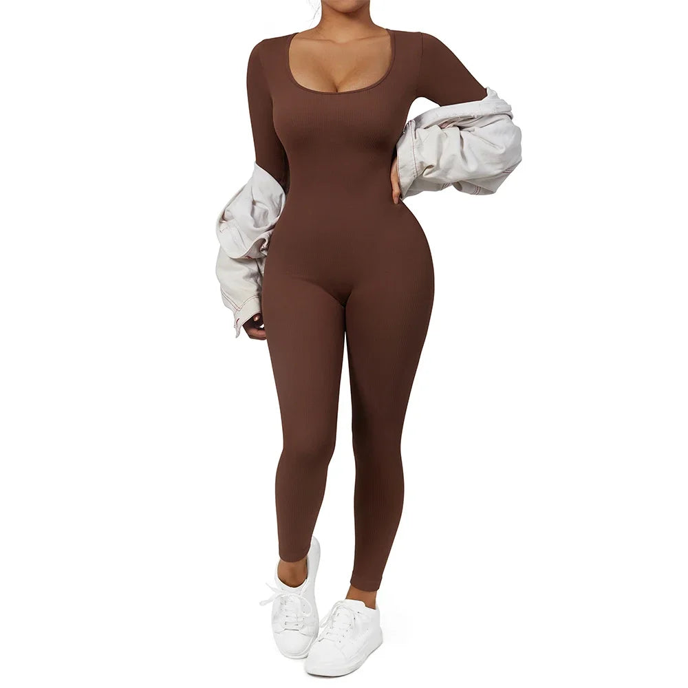 Long Sleeve Jumpsuit Women Bodycon One-piece Outfit Jumpsuit Square Neck Casual Streetwear Rompers Overalls playsuits Bodysuit