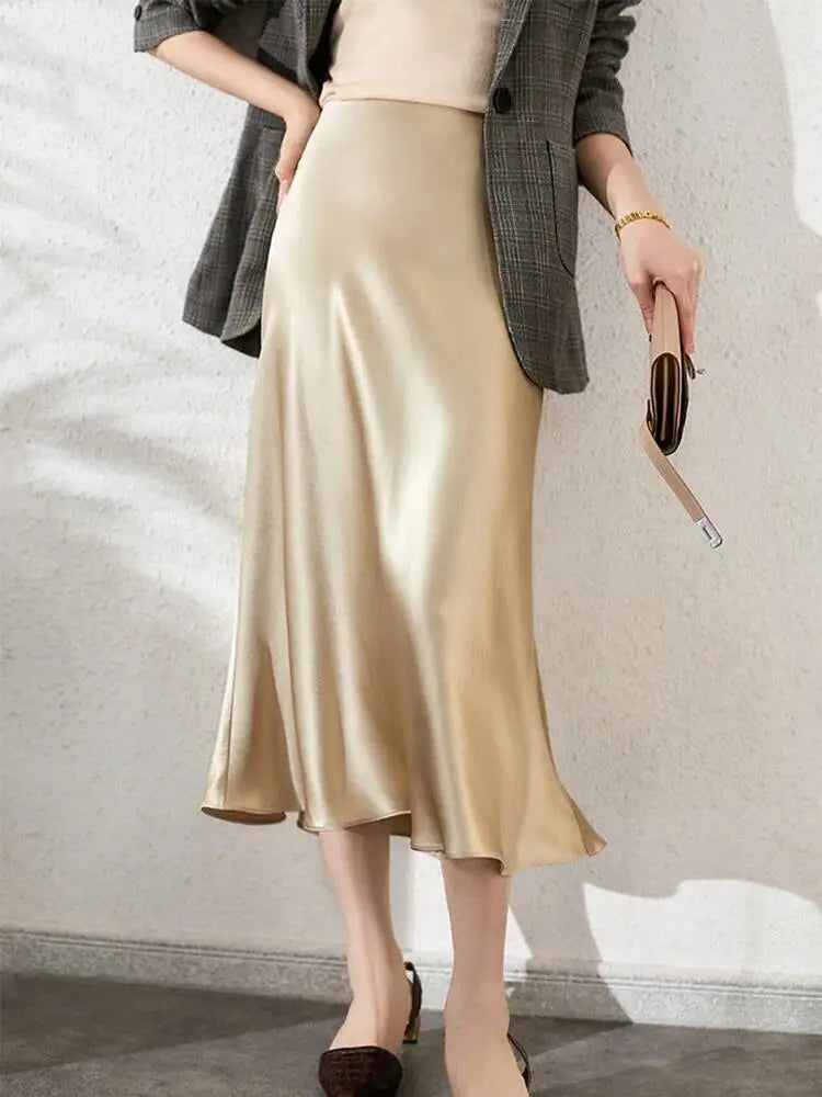 Women's Satin Skirt High Waist Elegant Midi A-line Skirt Lady's Summer Solid Champagne Vintage Silk Long Skirts for Women 2026