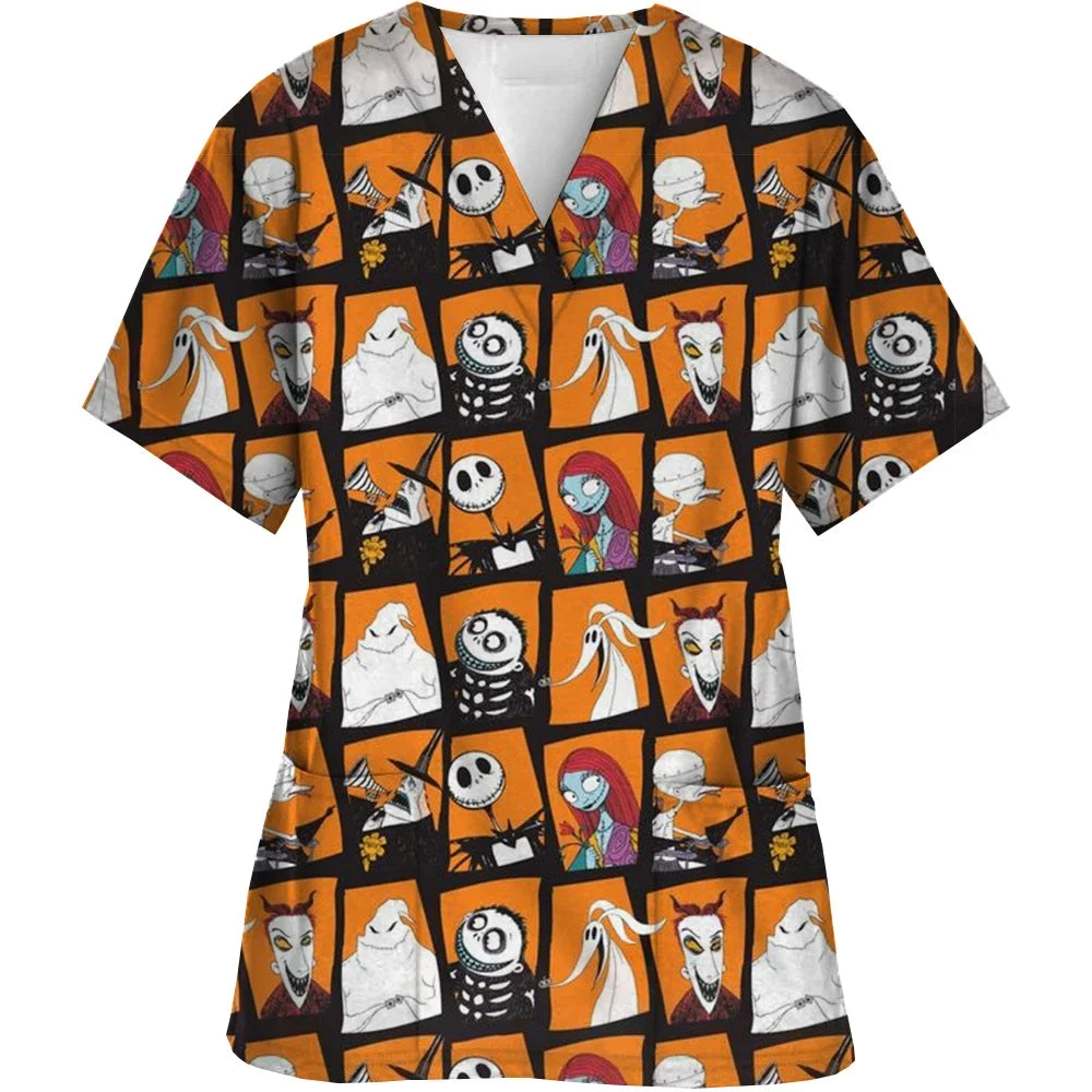 Women Short-Sleeved V-Neck Nurse Top Halloween Women's Fashion Casual Printing Top Protective Work Suit Medical Working Uniform