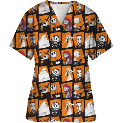 Women Short-Sleeved V-Neck Nurse Top Halloween Women's Fashion Casual Printing Top Protective Work Suit Medical Working Uniform