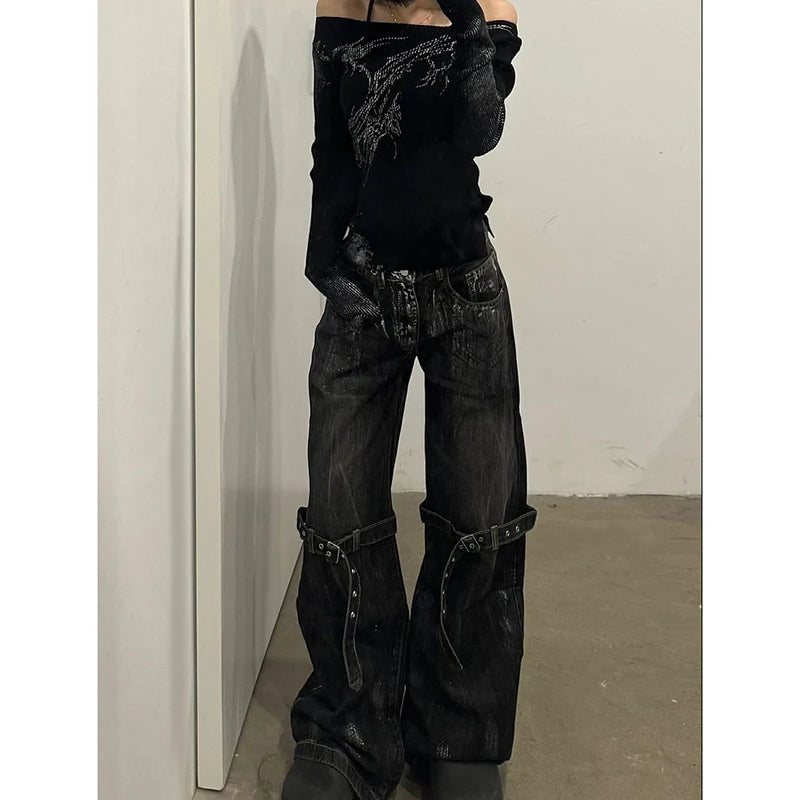 Black Women's Jeans High Waist Hip Hop Straight Fashion Pants Streetwear Harajuku Y2K Star 2024 Female Wide Leg Denim Trouser