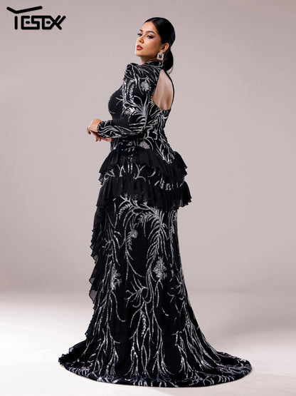 Yesexy Plus Size Elegant Beautiful Women Round Neck Long Sleeved Split Evening Gown Wedding Birthday Party Formal Occasion Dress