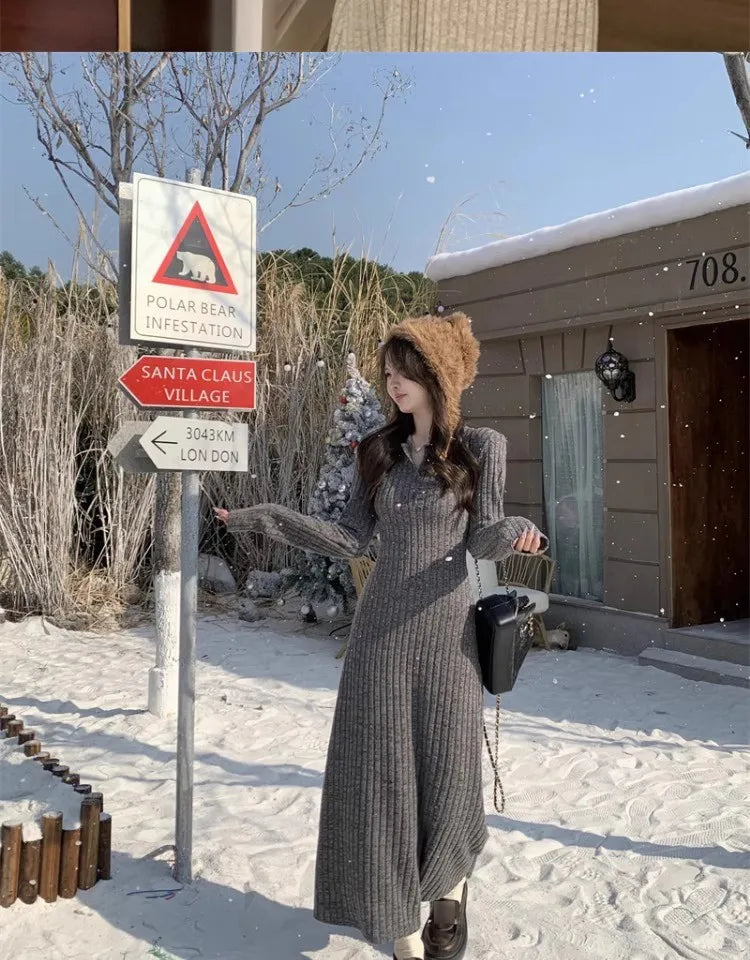 French Style Long Sleeve Knitted Dress Vintage Waist Cinching A- Line Skirt Women Autumn Winter New Arrival Slimming Inner Wear