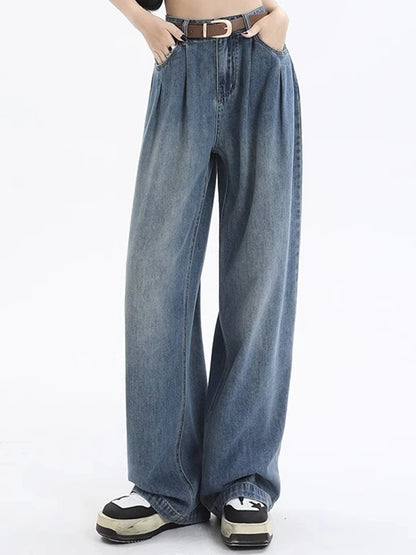 Woman High Waist Straight Leg Jeans Lady Loose Denim Wide Leg Pants Girls Korean Khaki Retro Blue Light Blue Gray White Trousers