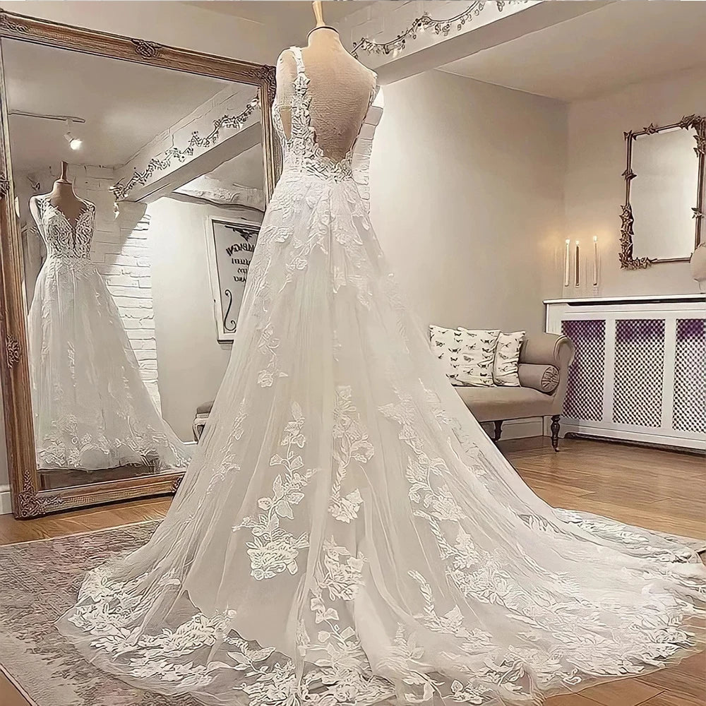 Exquisite Wedding Dress For Bride V-Neck Backless Bride Gown With Lace Applique A-Line Sweep Train Vestidos De Novia 2023 Nuevos