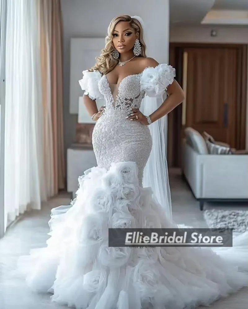 Gorgeous Wedding Dresses Luxury 2025 & 2026 Flowers African Mermaid Bridal Gowns Off The Shoulder Lace Beading Vestido Novia Customized