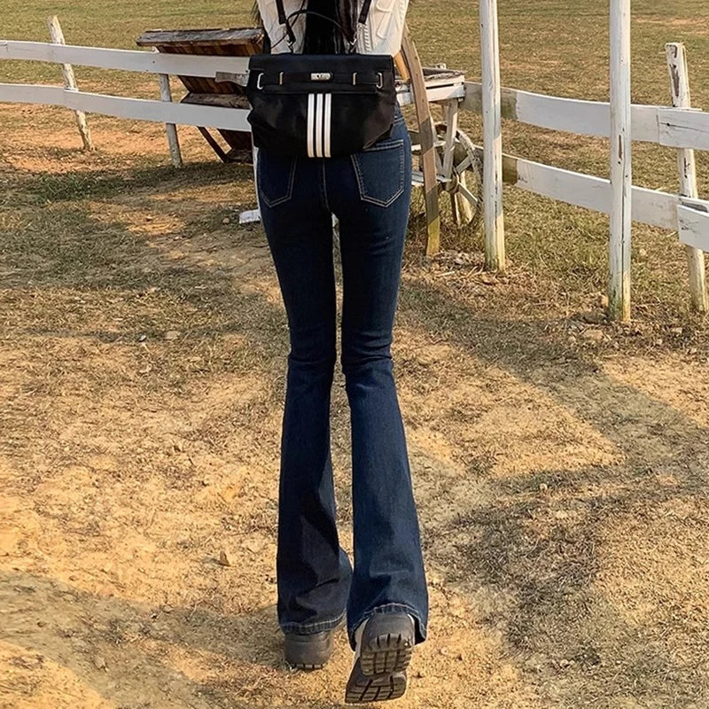 Woman Elastic High Waist Bell Bottom Jeans Female High Street Designer Flare Pants Lady Fashion Blue Black Gothic Denim Trousers