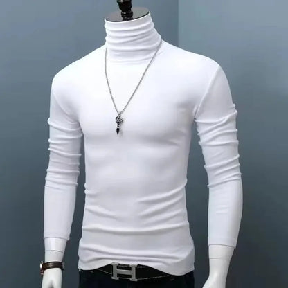 Slim Fit High Collar Long Sleeve Men's Base Shirt Inner Wear Simple Pure Color Large Size Warm Autumn Winter T-shirt Trendy Bran
