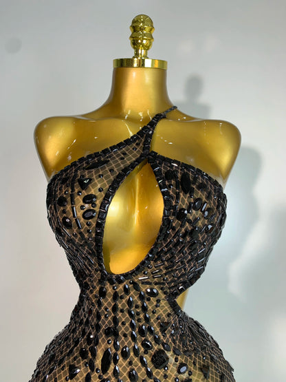 Sexy Sparkly Diamond Backless Short Dress 2025 Women Sleeveless Mesh See Through Evening Birthday Gown Singer Stage Outfit