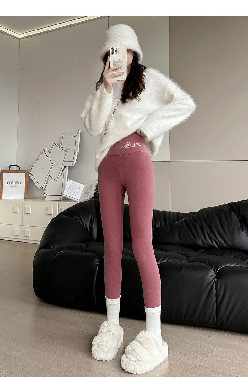 Winter Cashmere Leggings Women Solid Warm Leggings High Waist Slim Stretchy Pants Big Size Adding Velvet and Thickening Pants