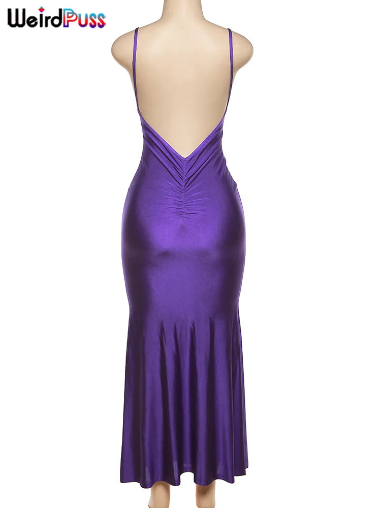 Weird Puss Sexy Backless Women Evening Maxi Dress Folds V-Neck Sleeveless Coquette Elegant Mermaid Matching Banquet Prom Bodycon