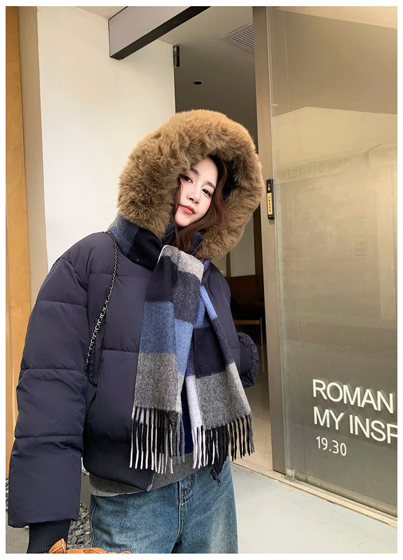 Casual Warm Fur Hooded Cropped Parkas Chic Streetwear Korean Style Down Cotton Coat Thicken Short Women's Winter 2025 Jacket