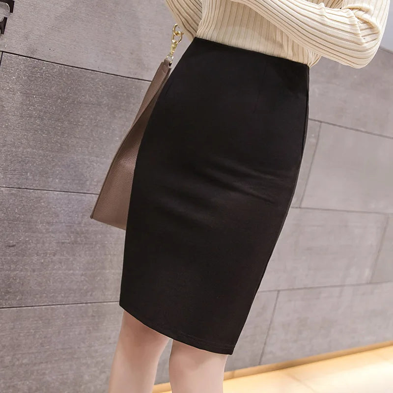 Basic OL Back Split Slim Skirt for Women, Korean Fashion, Bodycon Pencil Office, Elegant Black Knee Length, HighWaist Shirts,