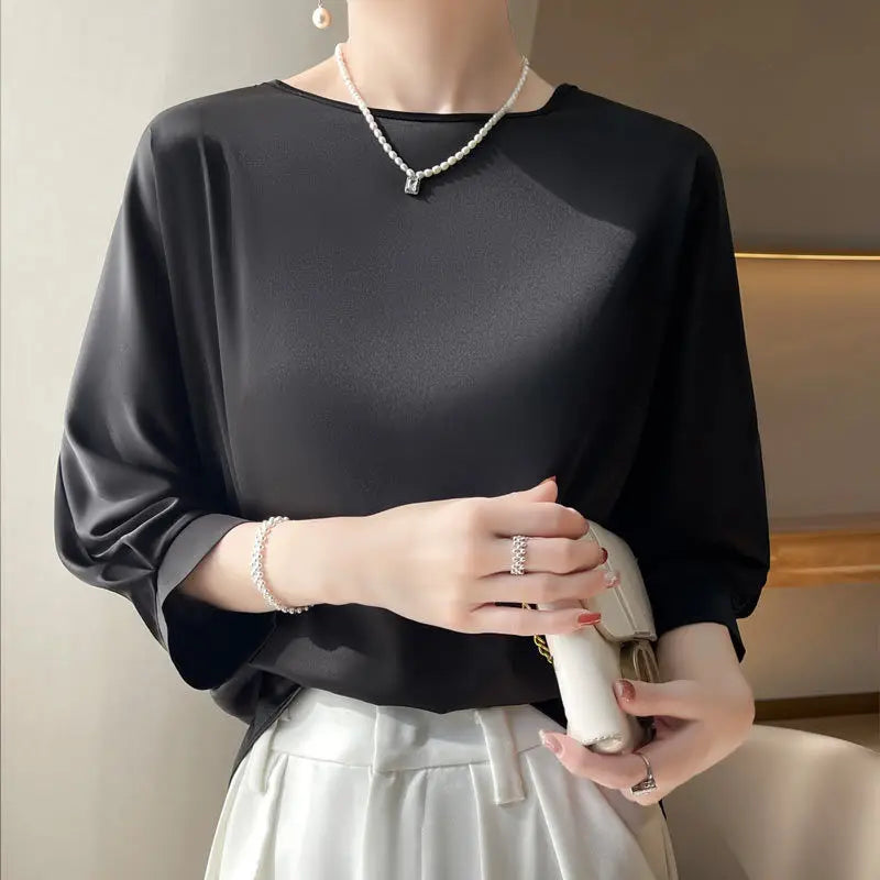 New In Summer Satin Silk Half-Sleeve Tee Tops Basic Solid Women‘s T-Shirt Casual O-neck Thin Shirts Ladies Loose Blouses