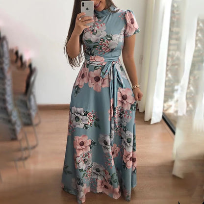 Women's Floral Print Summer Dress - 2025 New Boho A-Line Swing Dress with Short Sleeves, High Waist Flowy Maxi Dress for Beach &