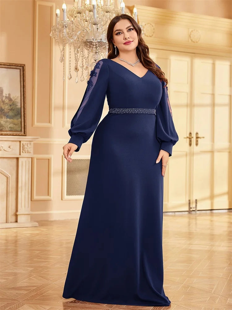 XUIBOL Plus Size Elegant Blue Applique Evening Dress 2026 Women Formal Maxi Prom Long Sleeves Party Dress Luxury Cocktail Prom