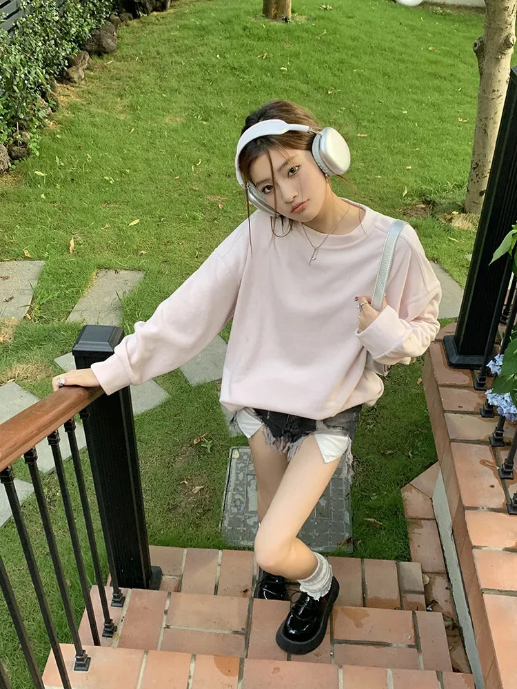 Light Pink Lettered Oversized Shoulder Sweatshirt Women's Full Sleeve round Neck Spring Autumn New Style Comfortable Casual Top