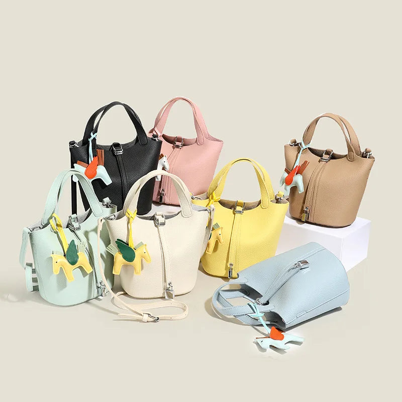 Popular and popular lychee patterned mother and child bucket bag for women, 2025 new casual retro handbag, casual commuting bag