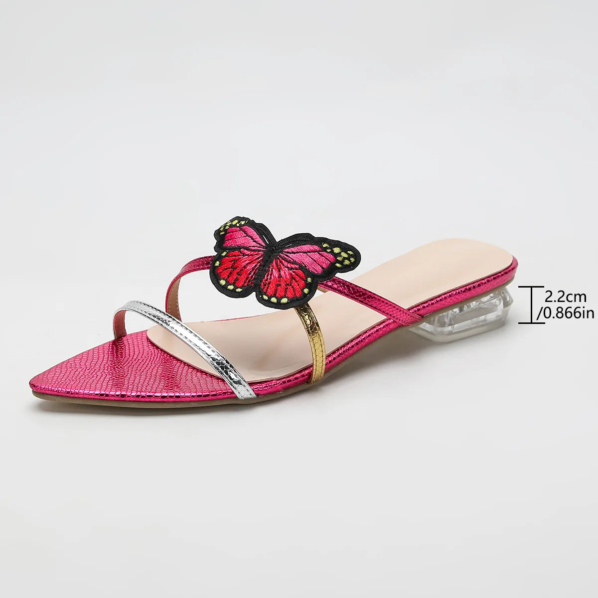 Women's flat slippers transparent heel sandals butterfly decoration one-strap slippers fashionable low heel sandals for women