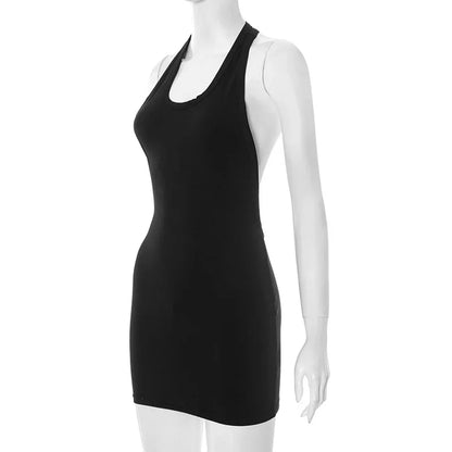 Woman Clothing Sleeveless Backless Solid Black Party Club Dress 2025 Summer Sexy Hollow Out Package Hip Mini Vacation Dresses
