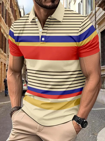 2025European and American ins cross-border 2024 summer new men's striped lapel short sleeved polo shirt casual contrasting polo