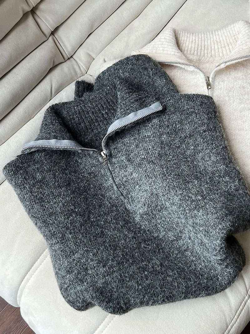 2026 Women Turn Down Collar Sweater Long Sleeve Zipper Design Warm Cardigans Clothes Tops For Women Winter Sweater Pull Femme