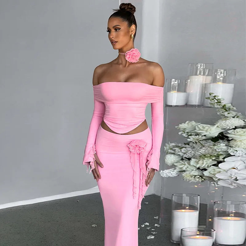 TARUXY Flower Bodycon Skirt Sets Women Slim Sexy Backless Lace Up Tops Women's Party Elegant Dress 2 Piece Womens Suits Outfits