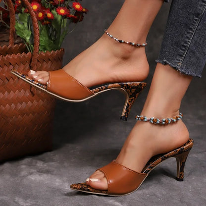 Simple Snake Pattern Stiletto Slippers Fashion Pointed Toe Open Toe Anti-Slip Wear-Resistant High Heels