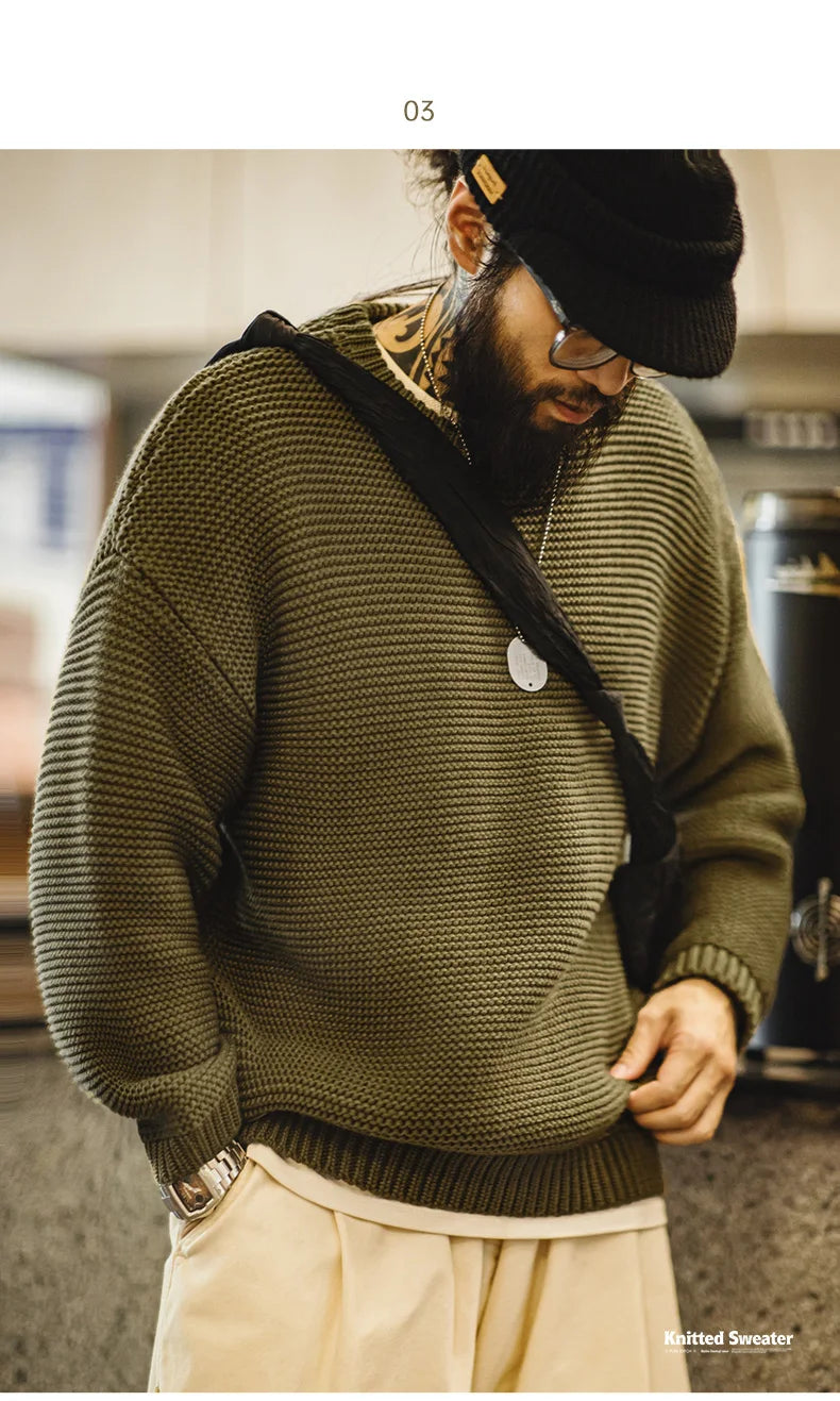 Maden Retro Heavyweight Knitted Sweater Loose Round Neck Pullover Warm Versatile Base Layer Knitwear for Men's Autumn and Winter