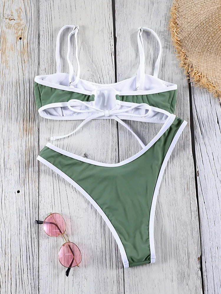 Bandeau Bikini 2025 Halter Bordered Swimsuits Women Bandage Swimwear Green Bathing Suit Sexy Biquini Mujer Low Waist Beach Wear
