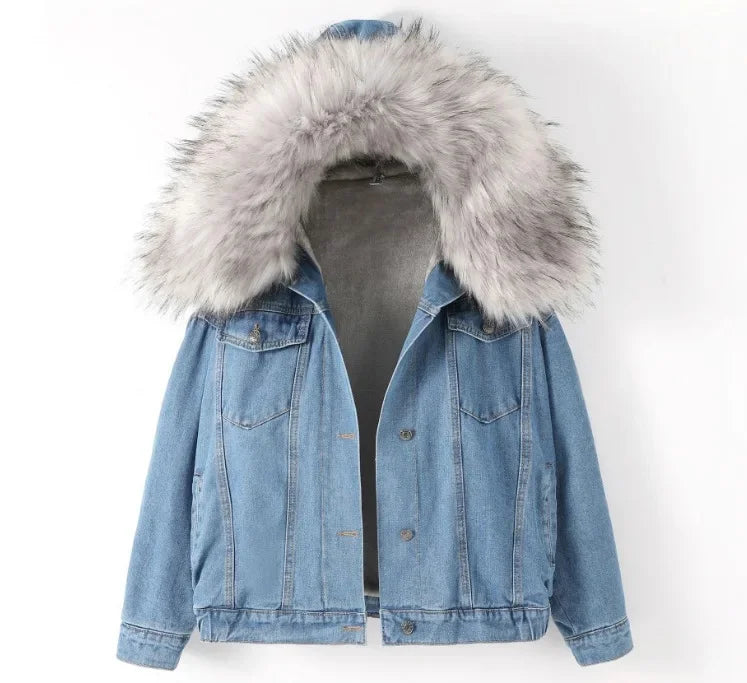 Korean Style Fleece Lined Thickened Hooded Lamb Fur Denim Jacket Women's Large Collar Versatile Cotton Coat Autumn Winter New Ar