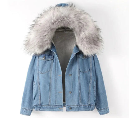 Korean Style Fleece Lined Thickened Hooded Lamb Fur Denim Jacket Women's Large Collar Versatile Cotton Coat Autumn Winter New Ar