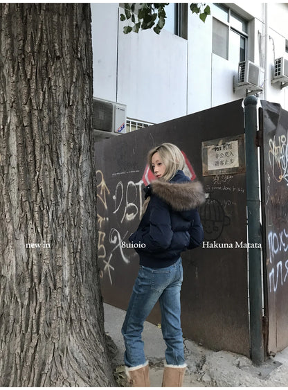 Autumn Winter Fur Hooded Jacket Women Outerwear Thick Dowon Cotton Padded Slim Short Parkas Female Cropped Puffer Bubble Coat